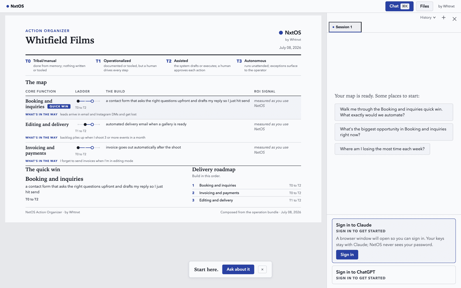 NxtOS Desktop app shell showing the Action Organizer map on the left and tailored AI chat prompts on the right